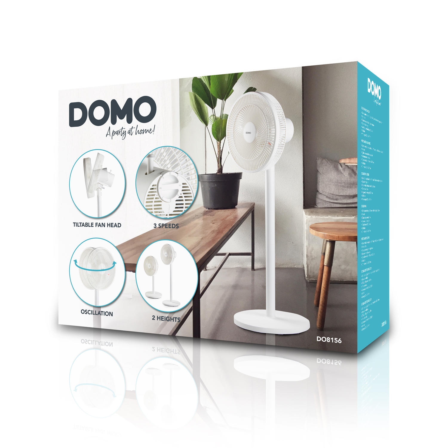 Boîte DOMO blanche et grise avec images de ventilateurs et texte. Un ventilateur blanc sur une table.