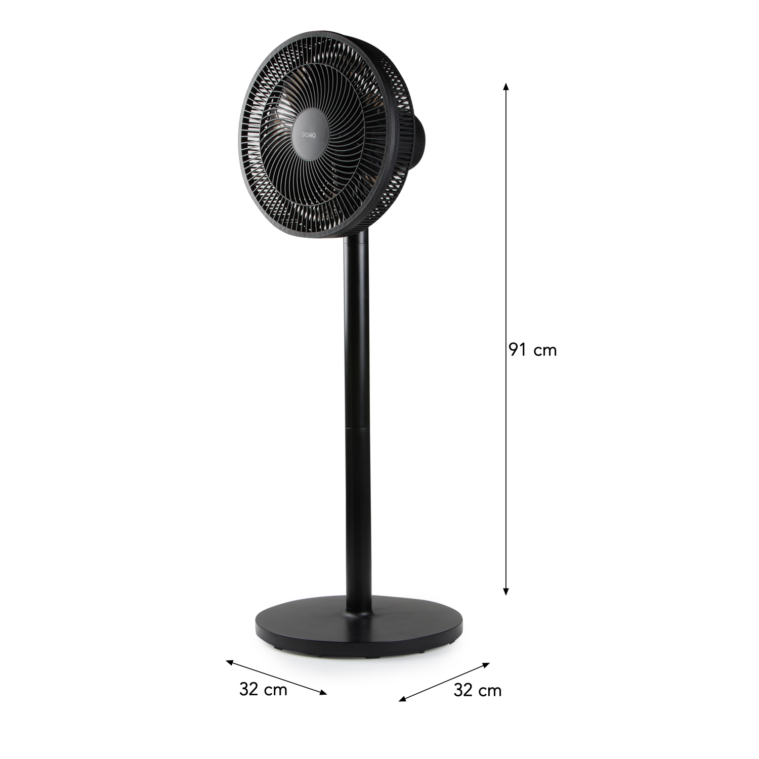 Ventilateur sur pied noir. Base et tête du ventilateur. Dimensions 32cm x 32cm, hauteur 91cm.