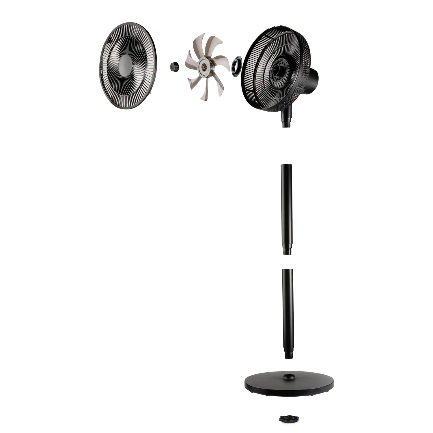 Vue éclatée d'un ventilateur noir. Composants séparés sur fond blanc.