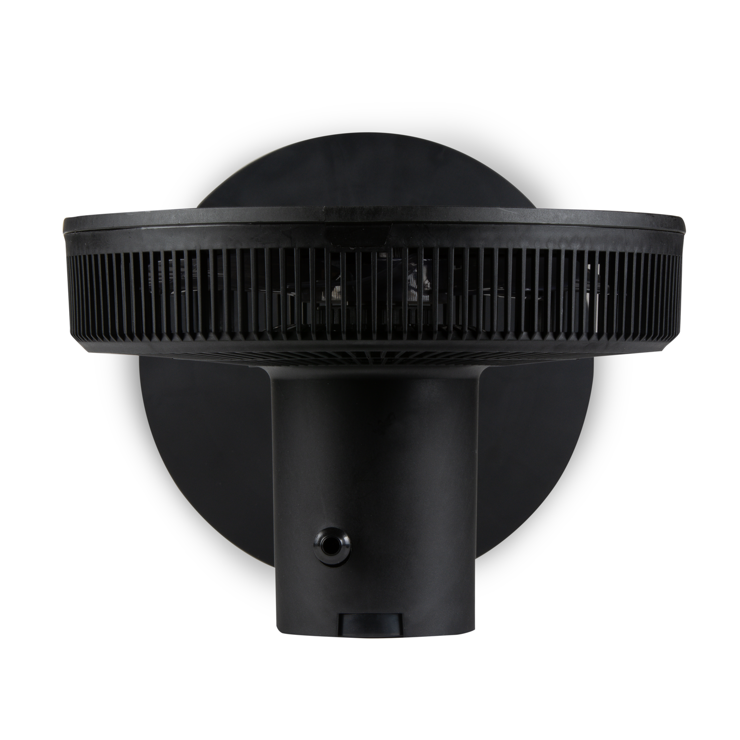 Ventilateur noir, vue de face, design rond, et fixé au mur.