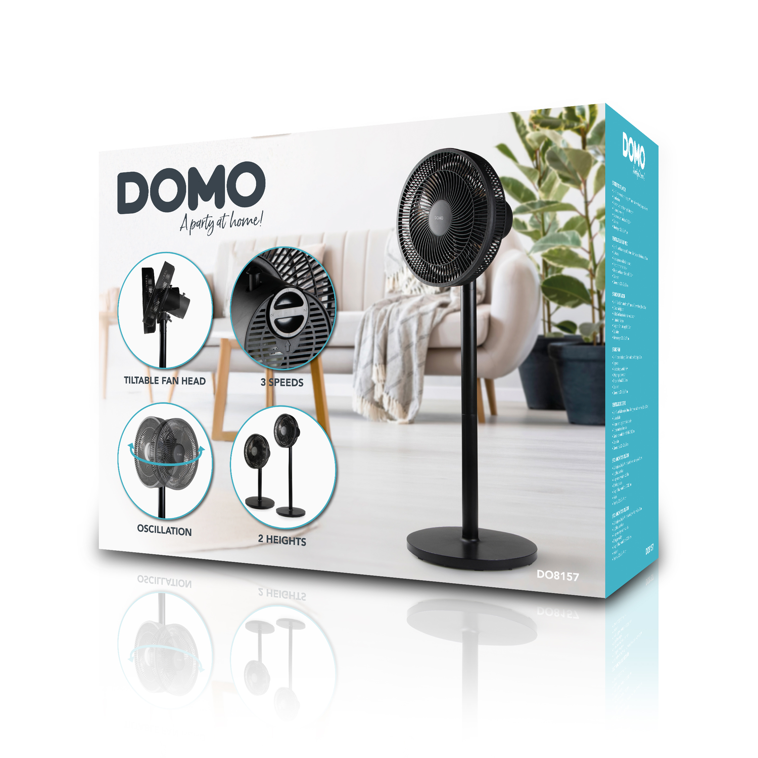 Boîte avec un ventilateur avec support et tête, avec des étiquettes de texte.