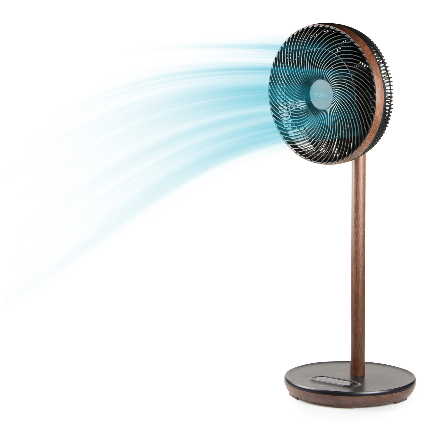 Ventilateur en bois avec flux d'air bleu sur fond blanc, avec base et support circulaires.