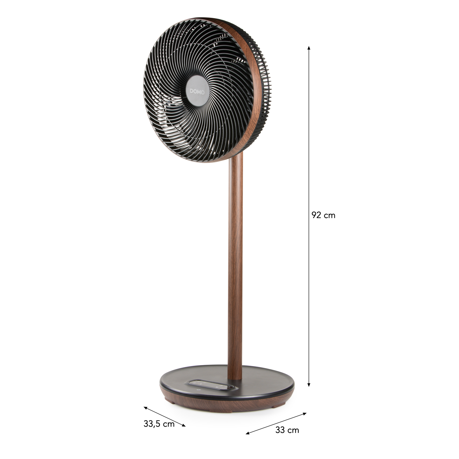 Ventilateur sur pied en bois avec grille noire. Mesures : 92 cm hauteur, 33,5 cm base, 33 cm diamètre.