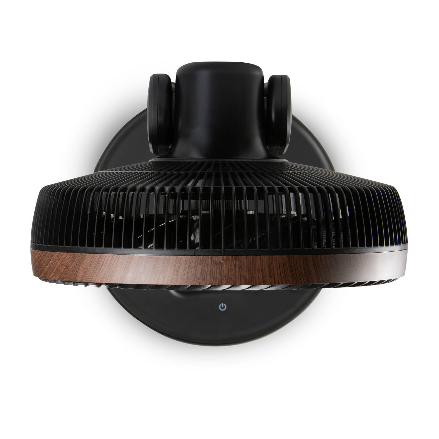 Ventilateur mural noir et marron. Il est de forme ronde et possède une garniture en bois.