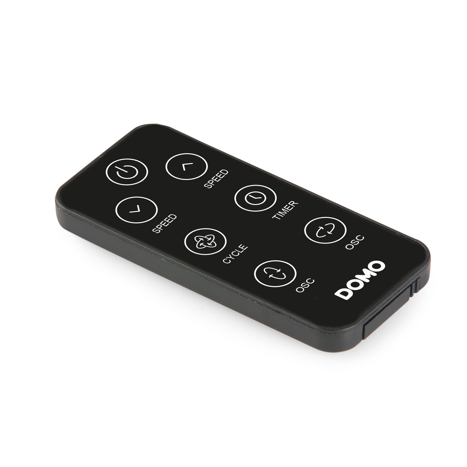 Télécommande DOMO noire avec plusieurs boutons et icônes, sur fond blanc.