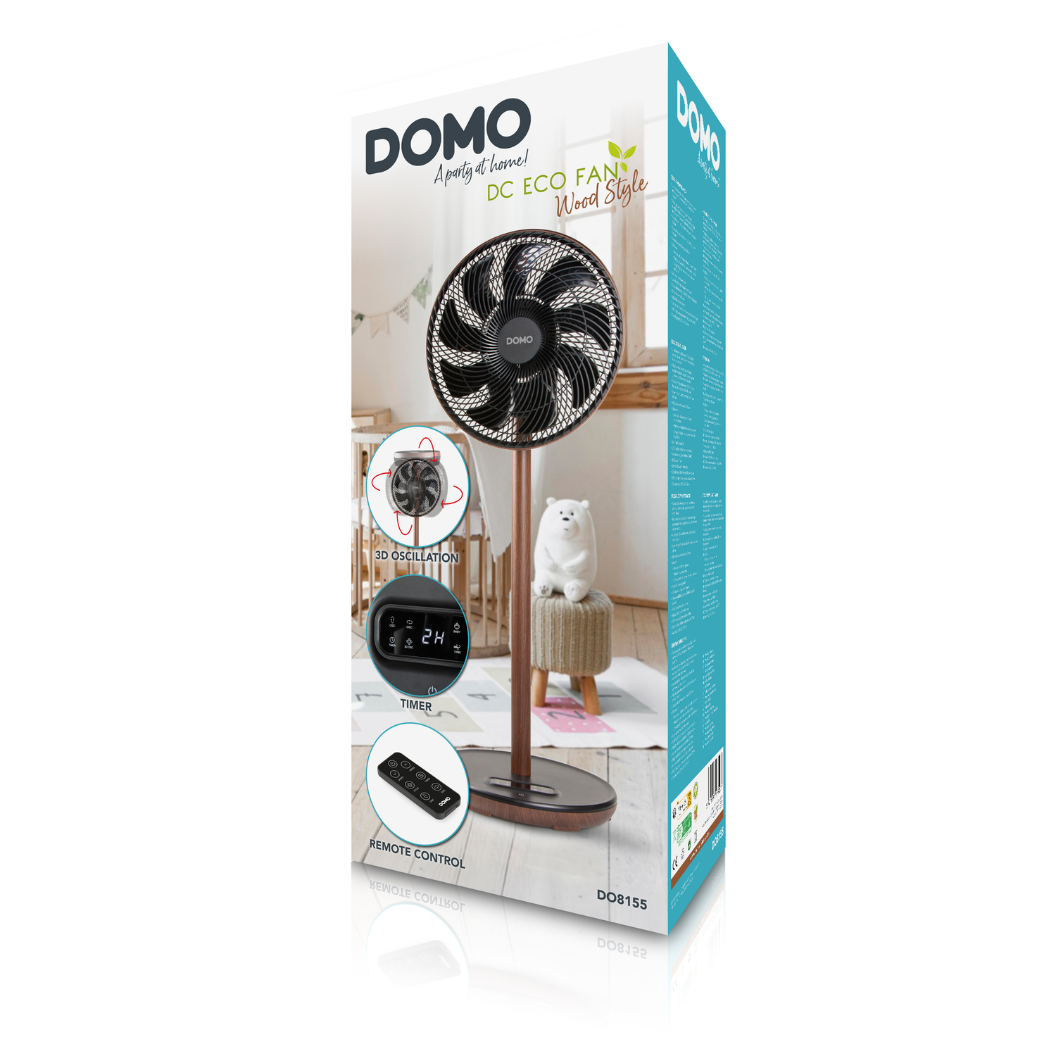 Une boîte de ventilateur. Elle contient un ventilateur, un ours polaire et un socle avec télécommande.