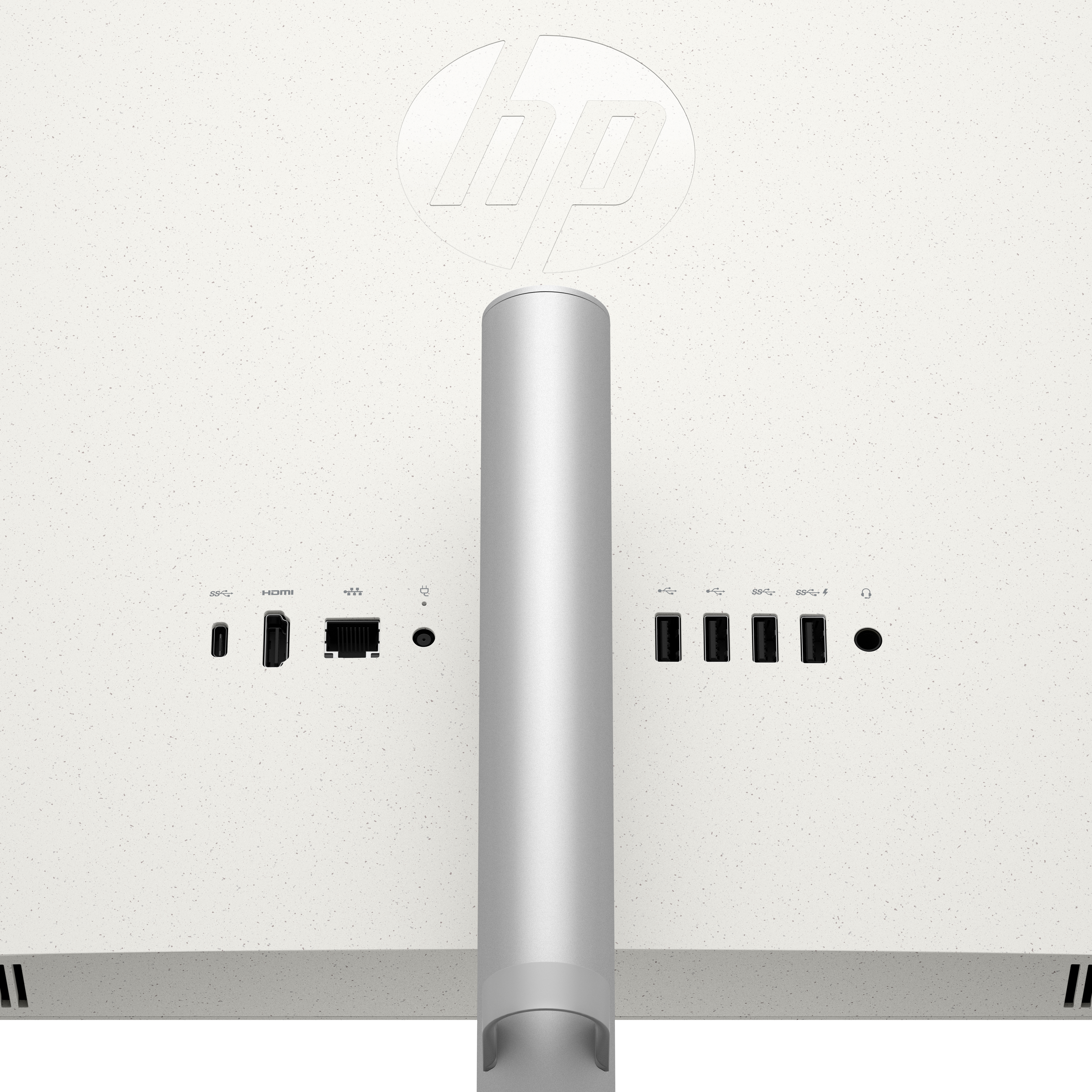 Rückseite eines weißen Computermonitors. Silberner Ständer und Anschlüsse. HP-Logo oben.