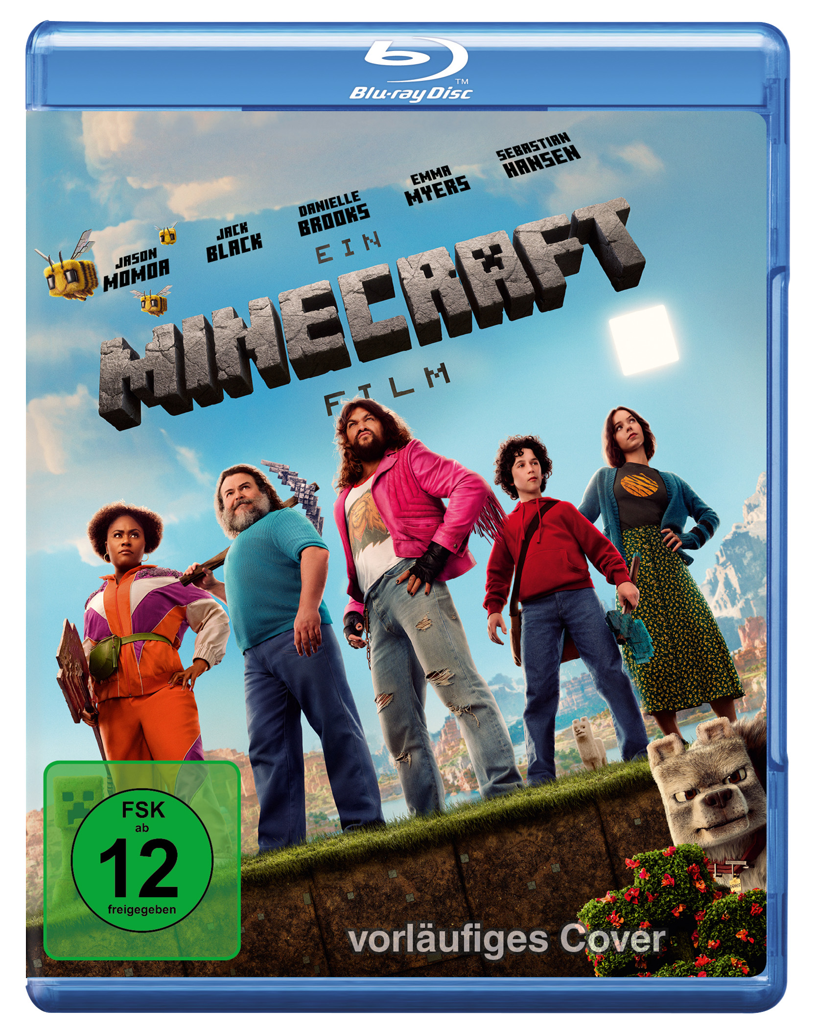 Minecraft-Film-Blu-ray-Cover. Fünf Personen stehen auf einer Mauer. Bunter Himmel im Hintergrund.