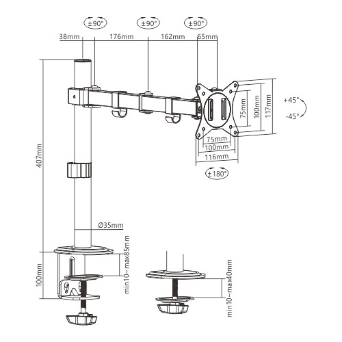 Monitor kar diagramja, méretekkel és milliméterben megadott mérésekkel.
