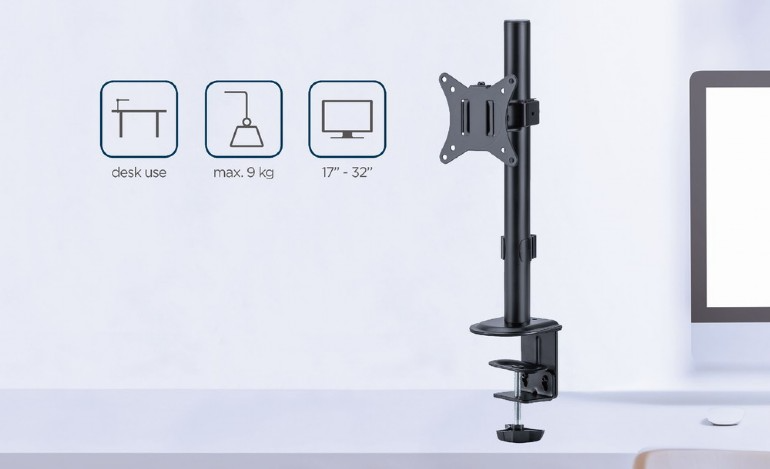 Egy fekete monitortartó ikonokkal az asztali használathoz, max. 9 kg, 17"-32" monitorokhoz.