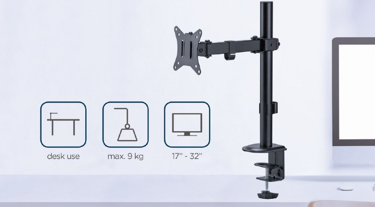 Fekete monitortartó ikonokkal, asztali használat, max. 9 kg, 17-32 hüvelyk.