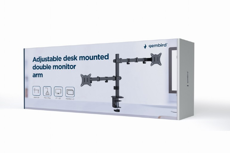A doboz fekete-ezüst dupla monitorkart mutat, állítható, ikonokkal, fehér háttérrel.