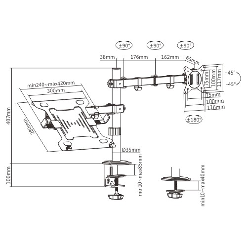 Diagram egy monitor tartójáról méretekkel és mérésekkel.