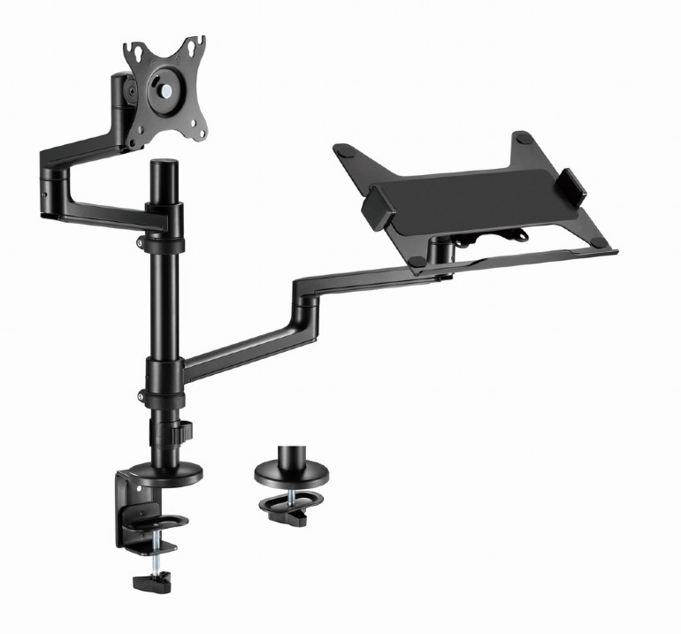 Fekete-ezüst monitorállvány asztalra, laptop tartóval.