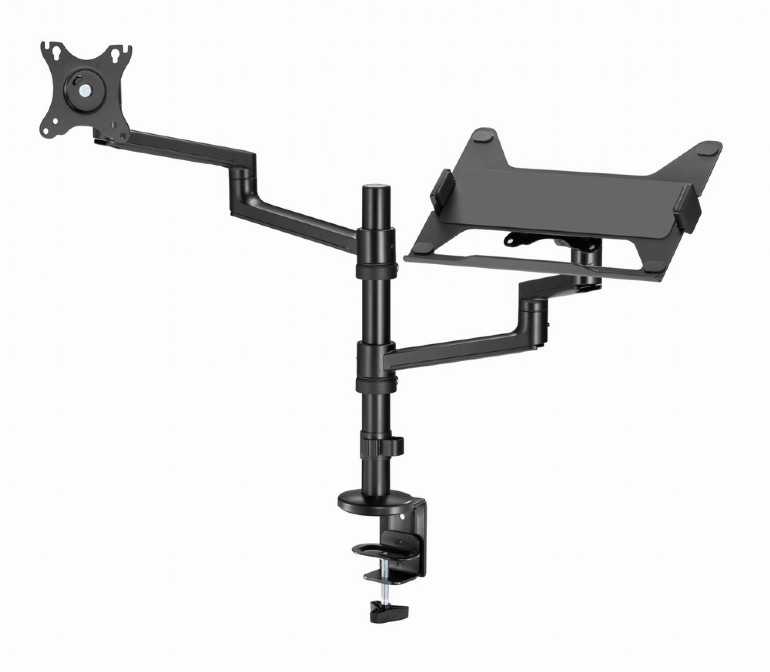 Fekete monitor kar laptop tartóval, fehér felületre szerelve.