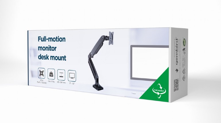 Teljes mozgású monitor asztali tartójának doboza. A termék a monitorral együtt a dobozon látható.