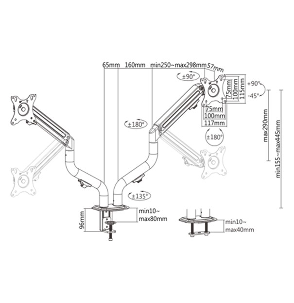Egy monitorkar diagramja, méreteket és beállítási szögeket mutatva.