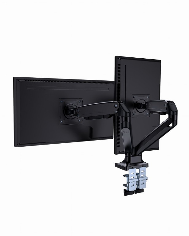 Kettős monitor beállítás fekete karral. Két fekete monitor fekvő formátumban.