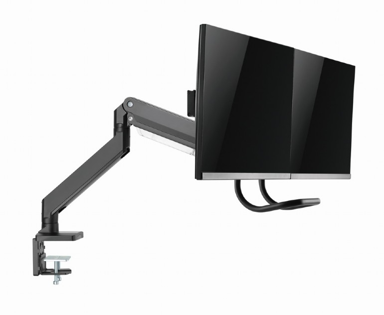 Fekete monitor fekete monitorkaron, fehér háttér előtt.