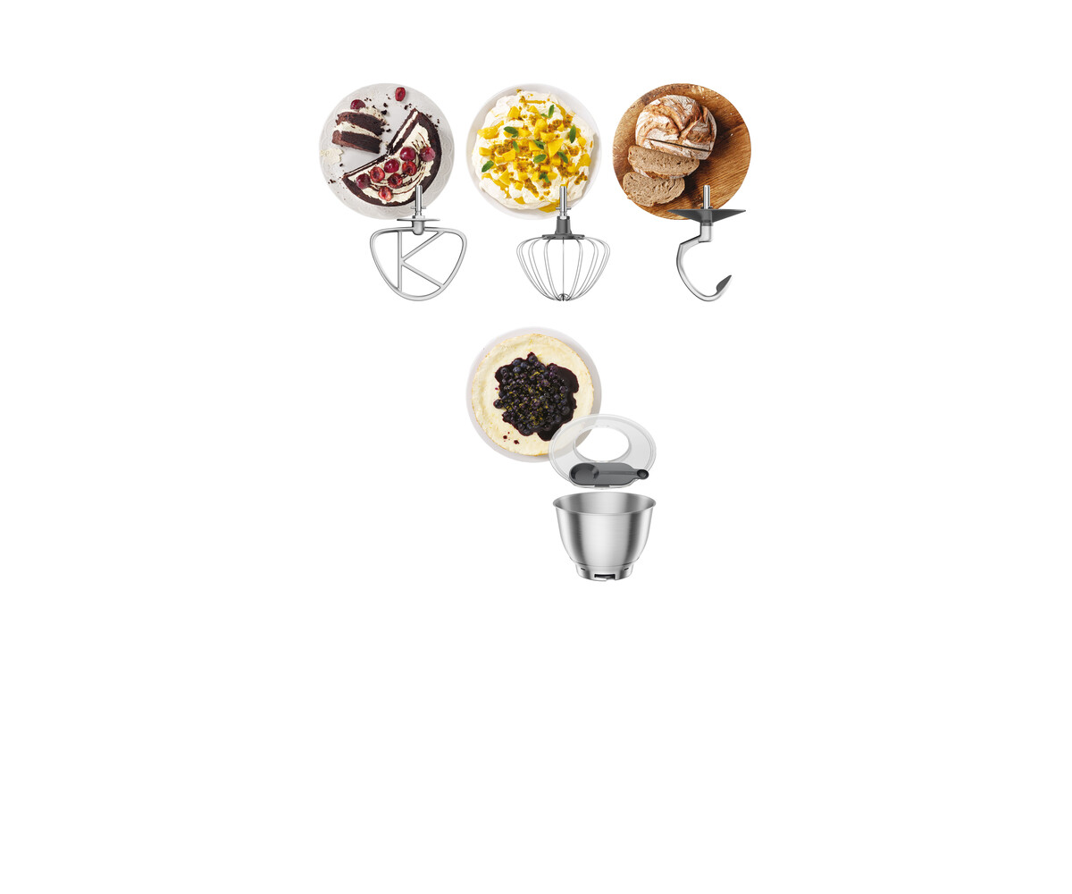 Akcesoria do miksera. Akcesoria do ciasta, owoców, chleba w kolorze srebrnym i białym, miski i pokrywka.