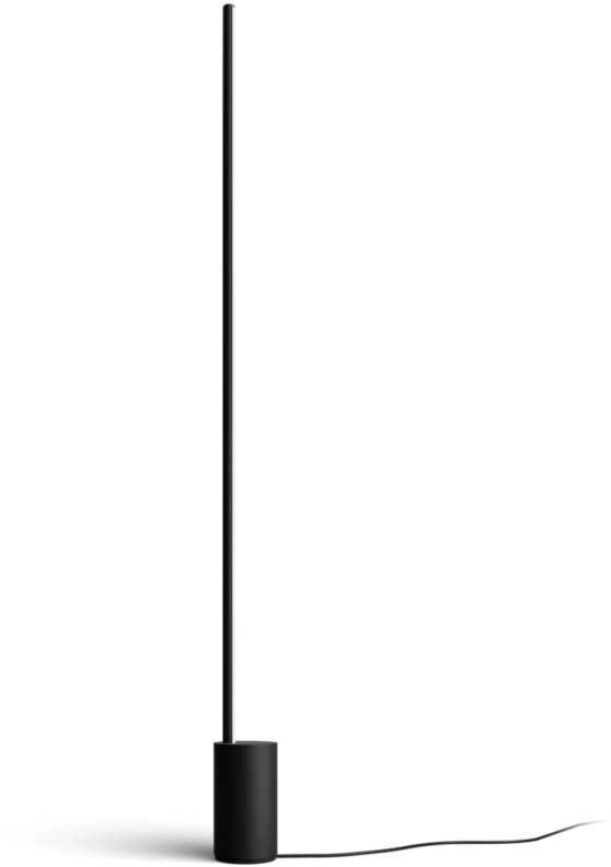 Fekete minimalista állólámpa vékony, egyenes szárral és kerek talppal.