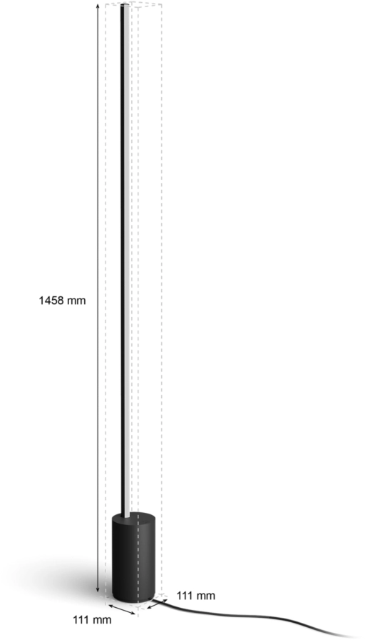 Fekete, hengeres alap vékony, függőleges fekete rúddal, méretek: 1458mm magas, 111mm széles.
