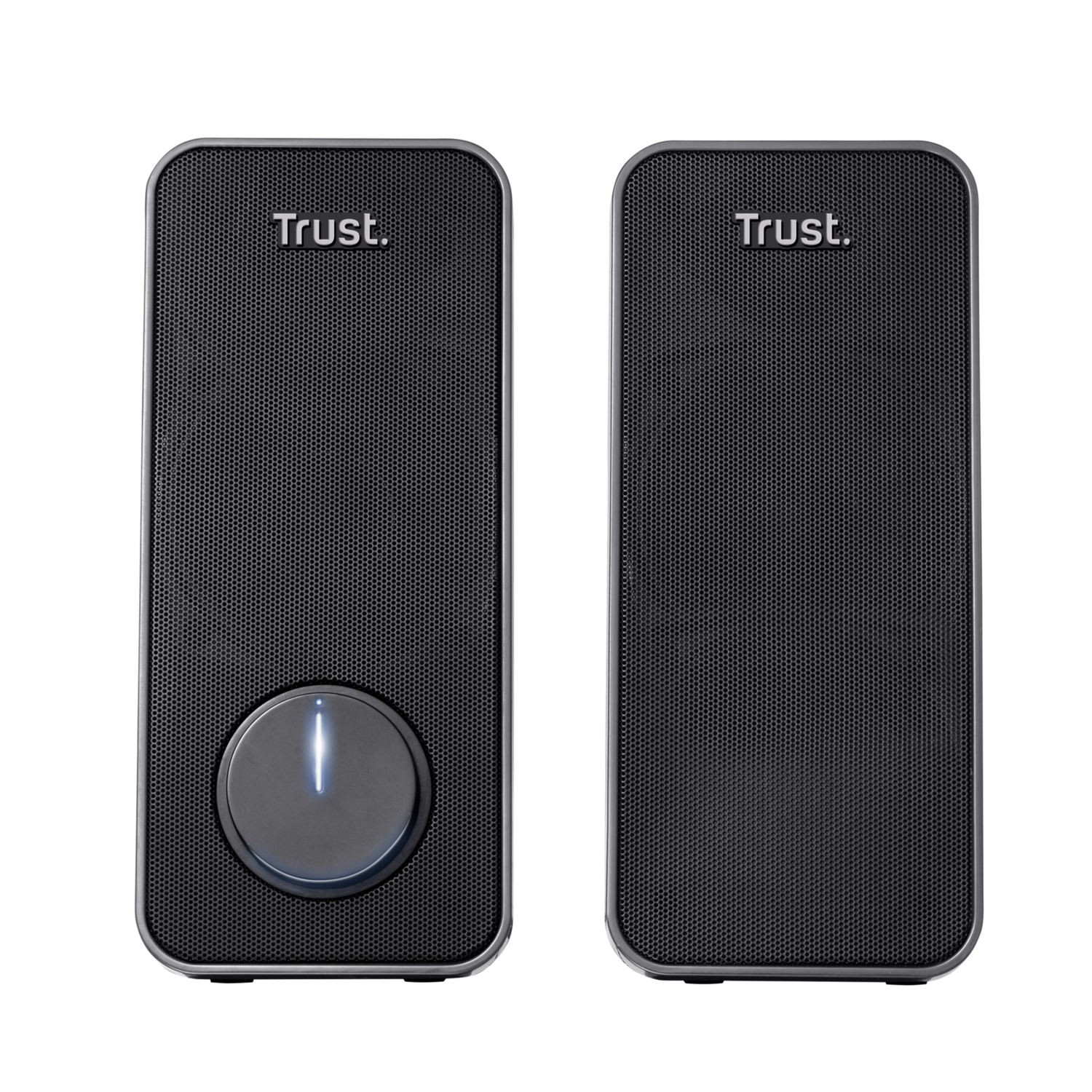 Two black speakers with the word 'Trust' on them.