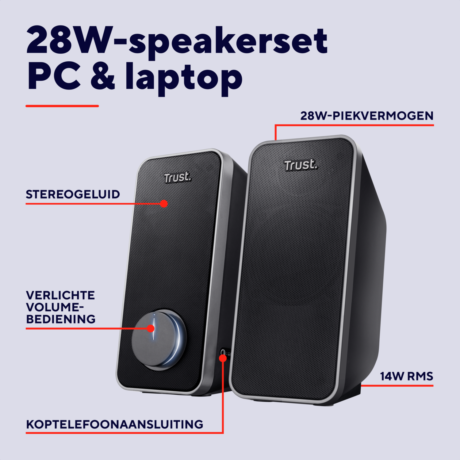 Two black Trust speakers with labels. One has a volume control. Text labels are in Dutch.