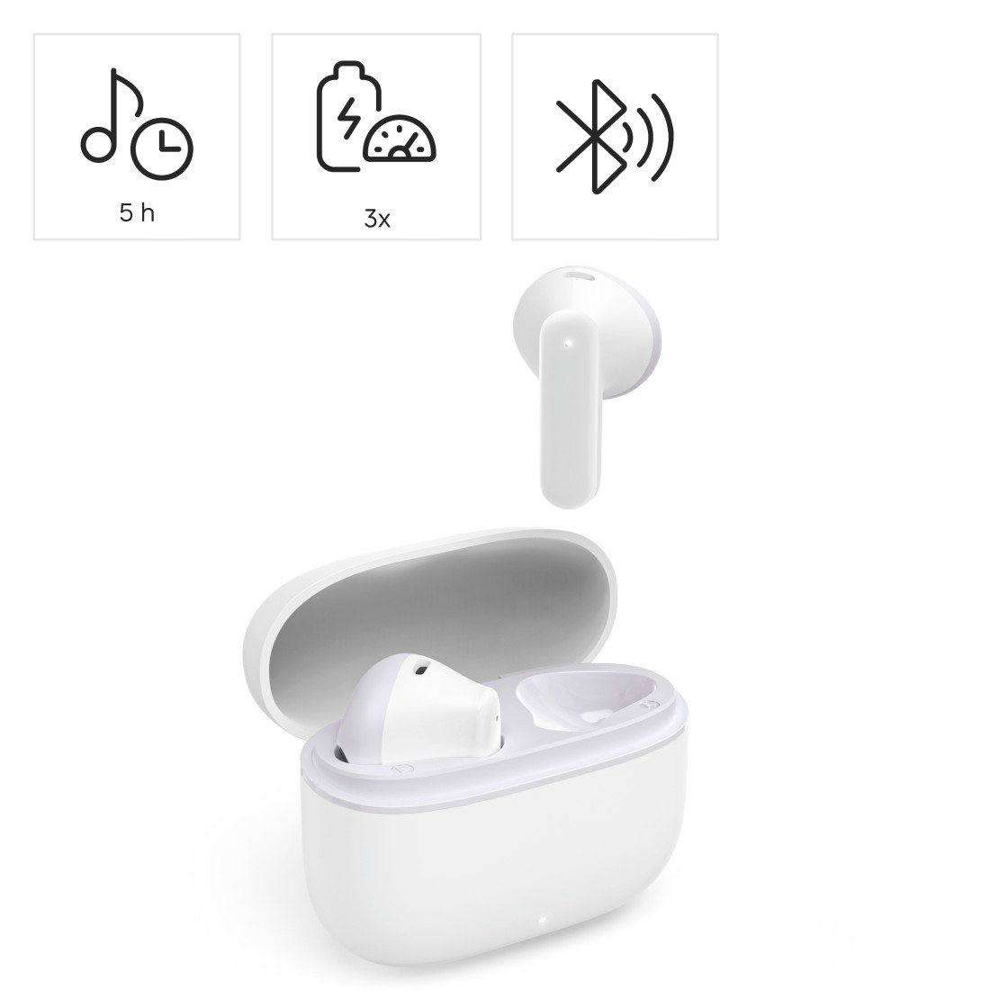 Fehér fülhallgatók töltőtokban, akkumulátor-élettartam és Bluetooth ikonokkal.