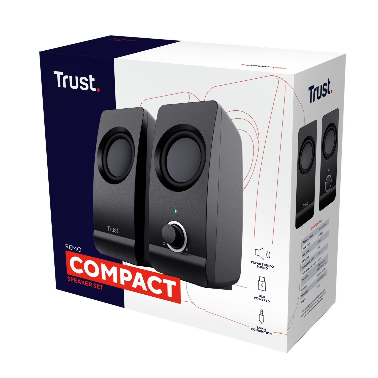 Twee zwarte Trust-luidsprekers in een doos. Tekst: REMO COMPACT SPEAKER SET, USB-voeding.