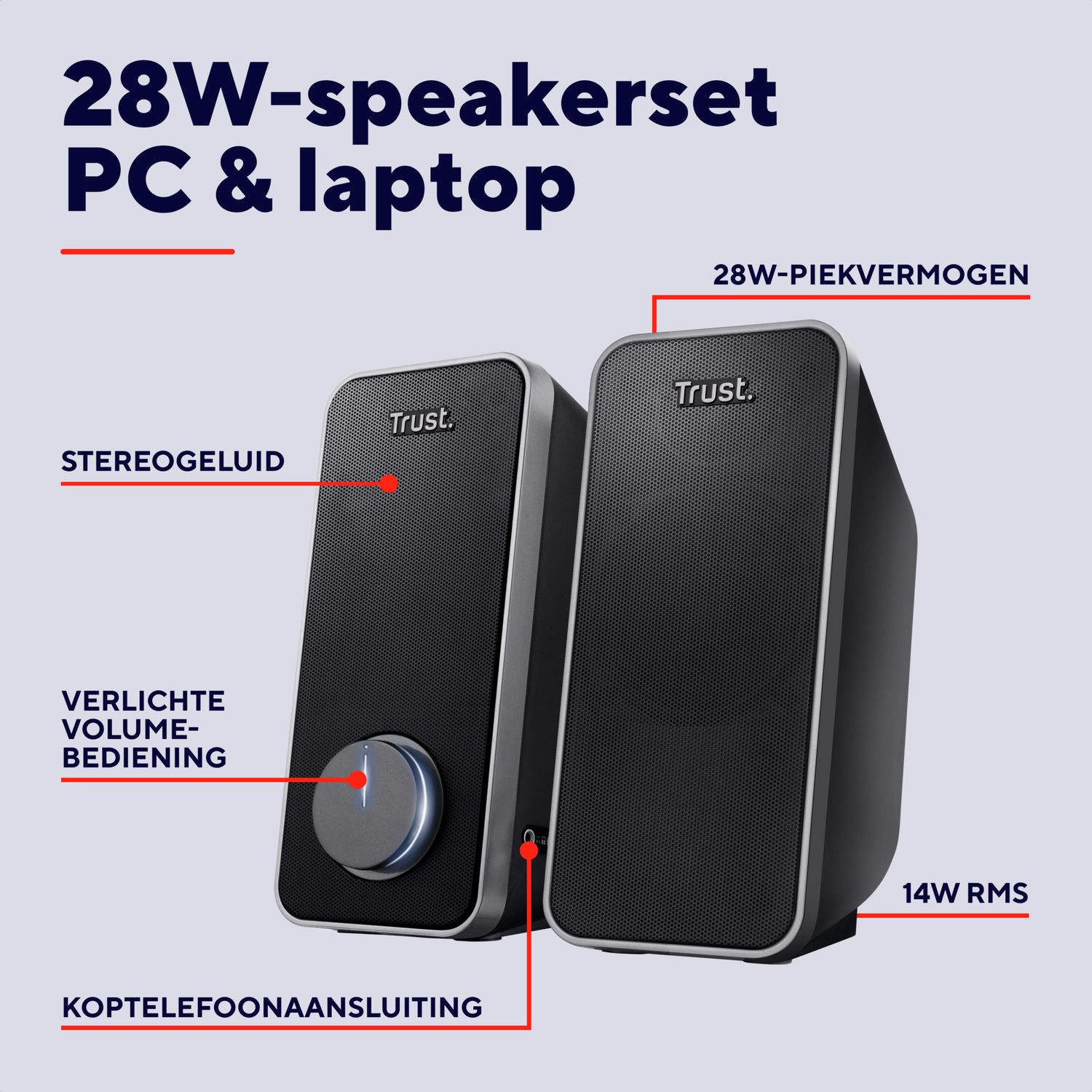 Twee zwarte speakers met volumeregeling en labels. Tekst: 28W-speakerset PC & laptop.