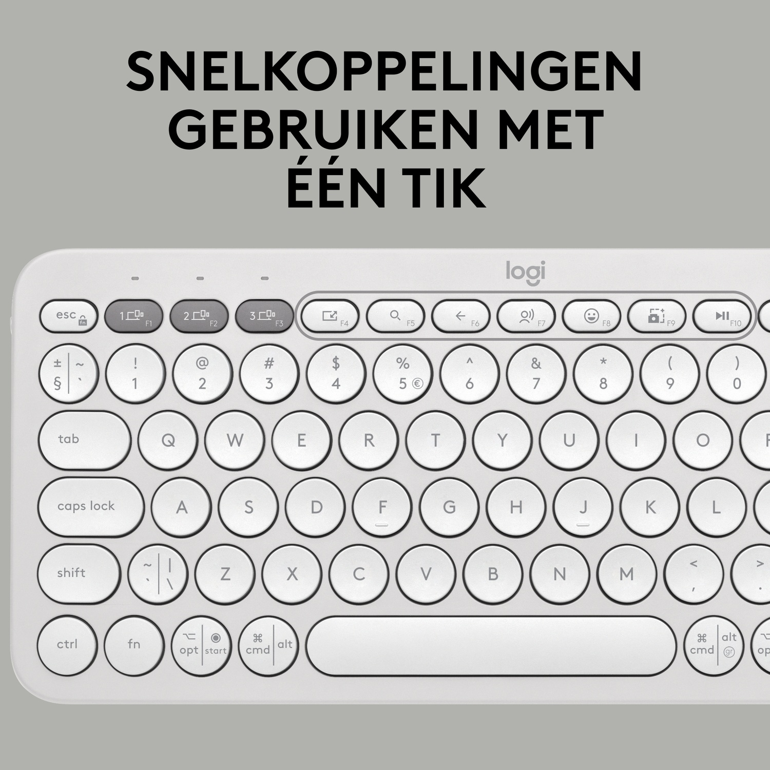 Keyboard with white keys. Top text reads 'SNELKOPPELINGEN GEBRUIKEN MET ÉÉN TIK'.