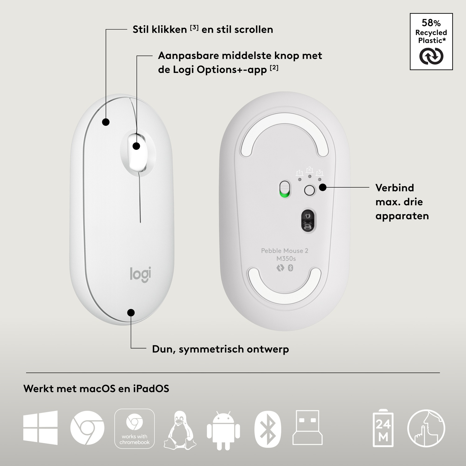 White mouse with black accents, top and bottom views. Shows features and details.