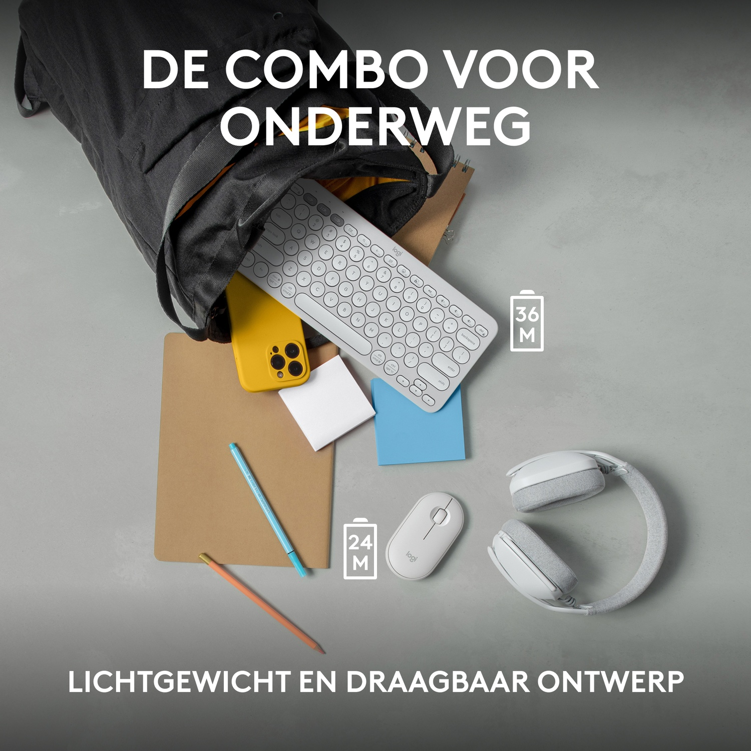 A backpack, a keyboard, headphones, a mouse, a phone, and a notebook. Light and portable design.