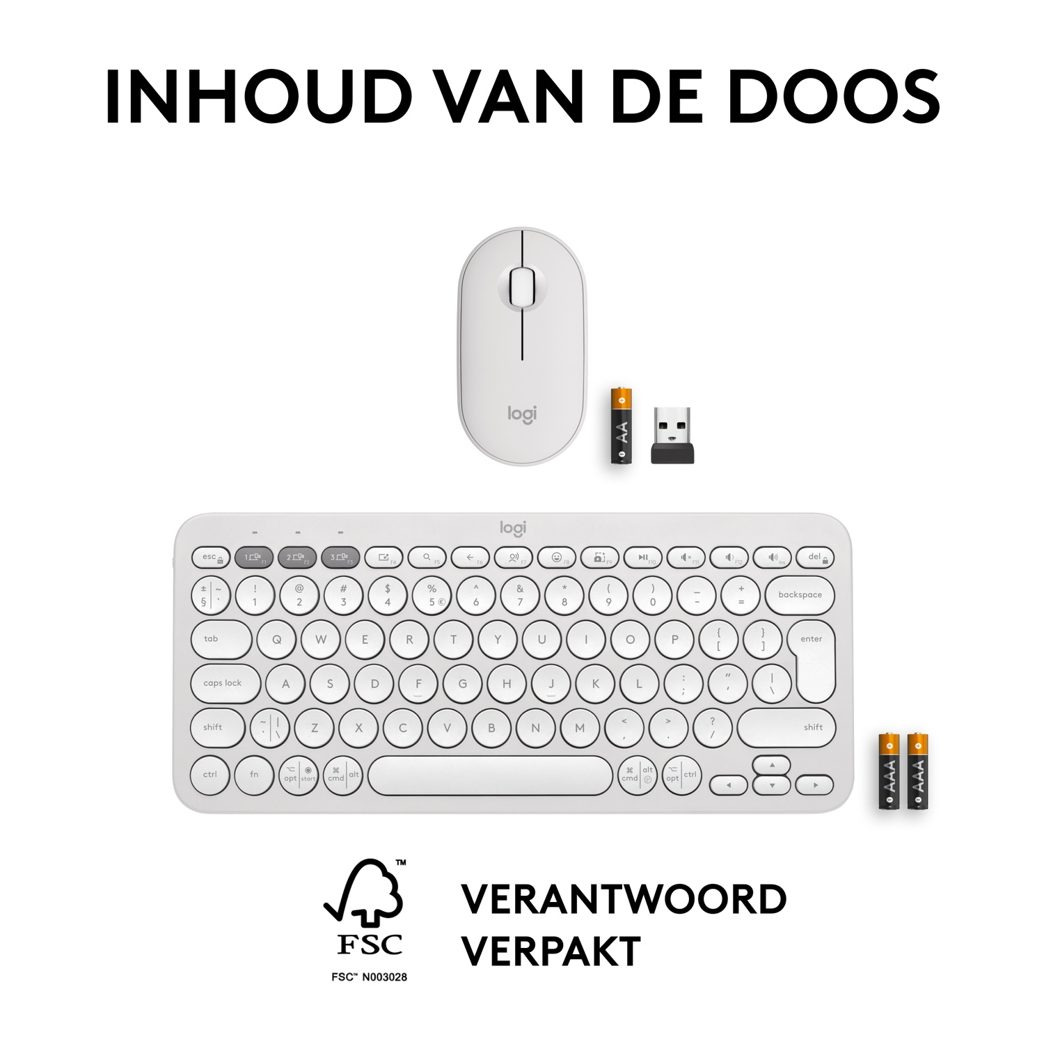 White Logitech keyboard, mouse, batteries and USB receiver are on display.