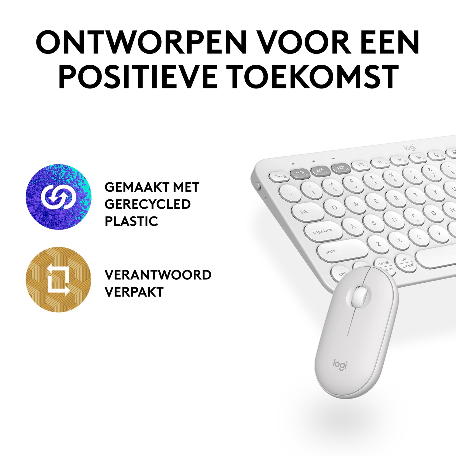 A white Logitech keyboard and mouse set with text and logos on a white background.