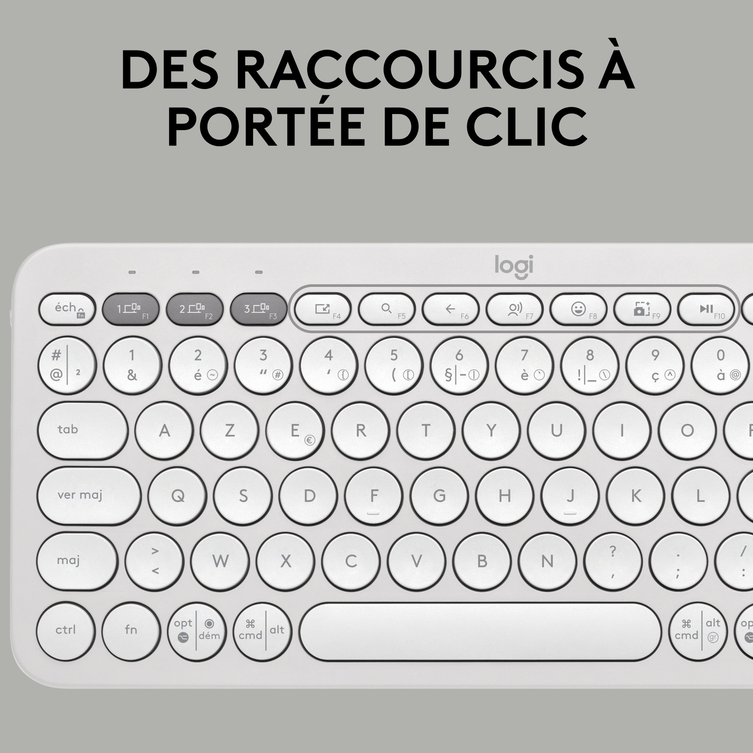 Un clavier blanc avec un fond blanc. Les touches sont rondes.