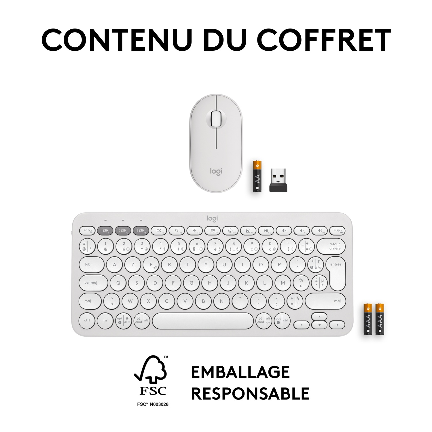 Un clavier, une souris et des piles blanches, sur fond blanc.