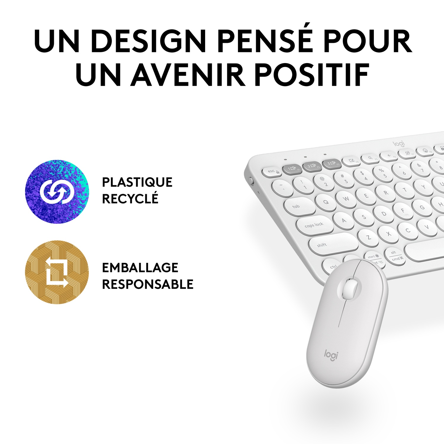 Un ensemble clavier et souris blancs, avec du texte sur le plastique recyclé et l'emballage responsable.