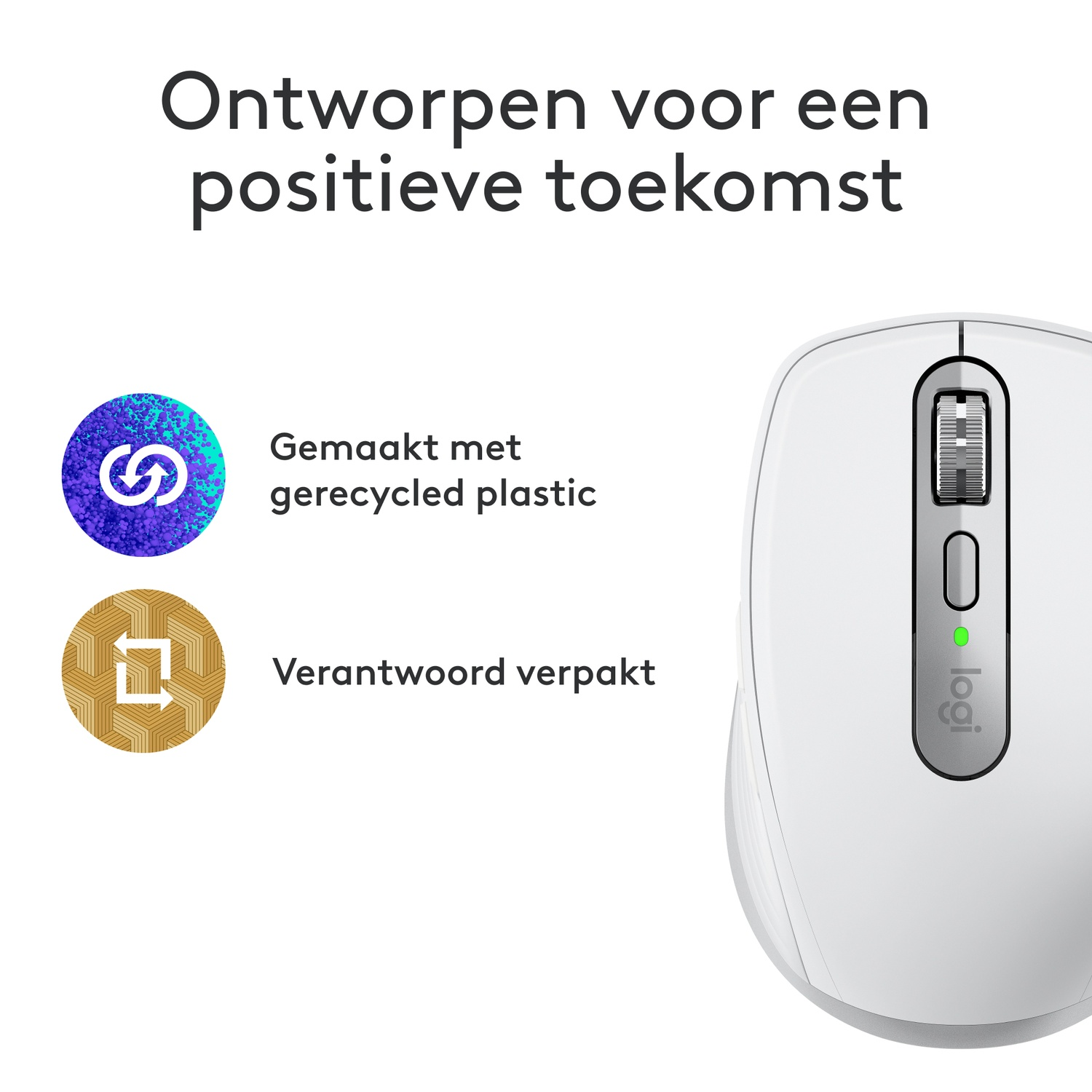 A white computer mouse with a scroll wheel and logo. There are two icons of recycling.