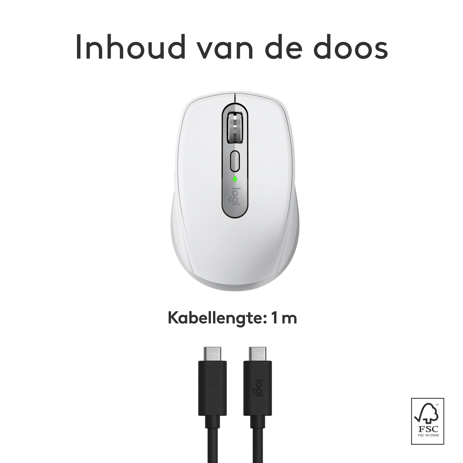 White mouse and two USB-C cables, white background, product packaging.
