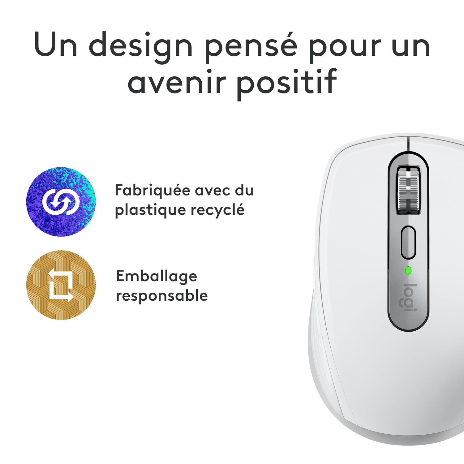 White mouse with recycled plastic and responsible packaging symbols.