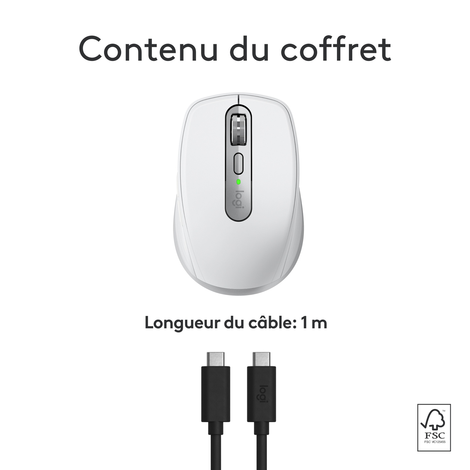 Souris Logitech blanche et deux câbles USB-C noirs, sur fond blanc.