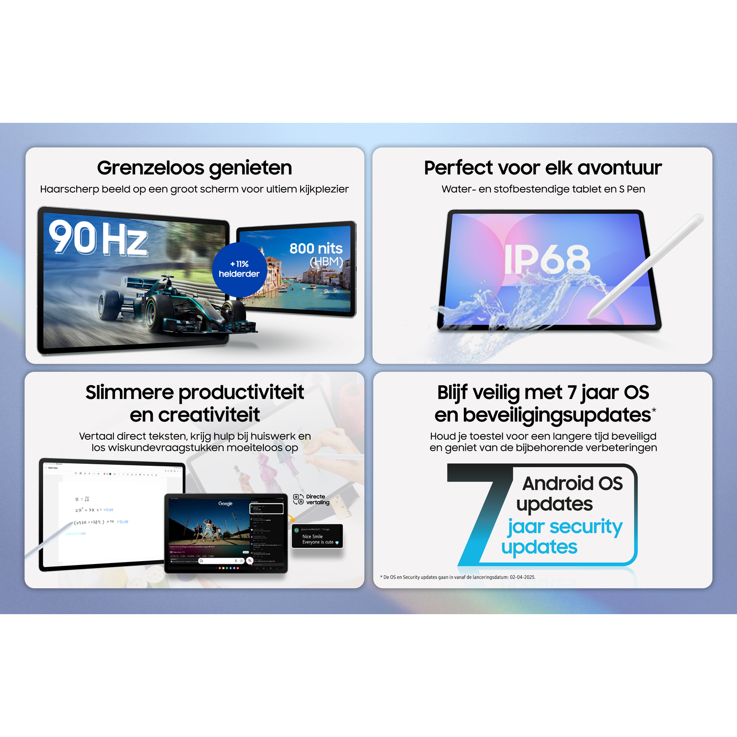 Four tablet screens showing features. Tablet with a car racing game. Tablet with a pen.