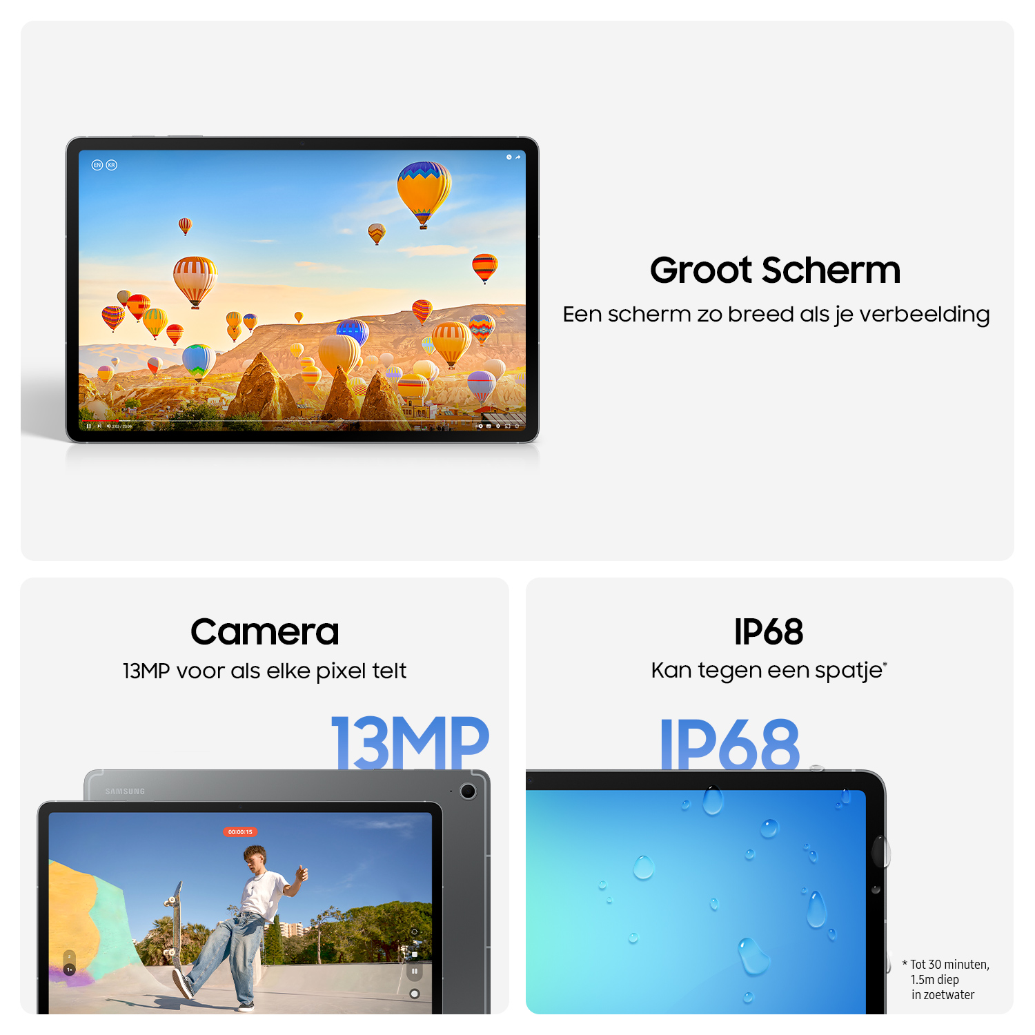 Tablet with screen showing hot air balloons. Camera icon, 13MP. Tablet being used. IP68 text. Water droplets on tablet.