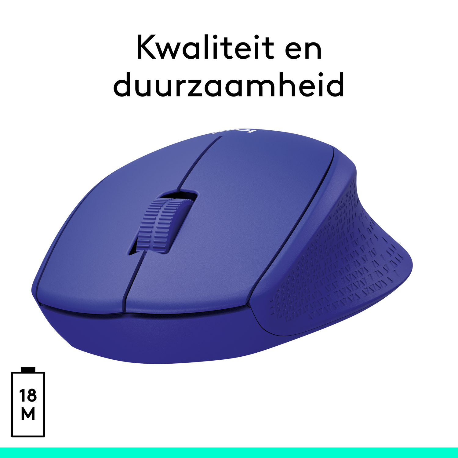 Blue mouse with a scroll wheel, text 'Kwaliteit en duurzaamheid'.