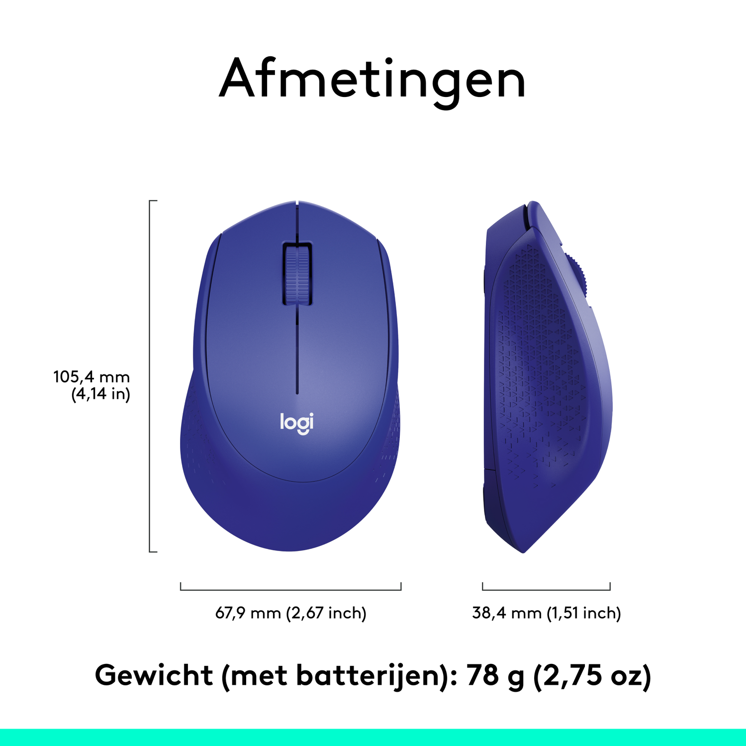 Dimensions of a blue Logitech mouse; side and top views with measurements in mm and inches.