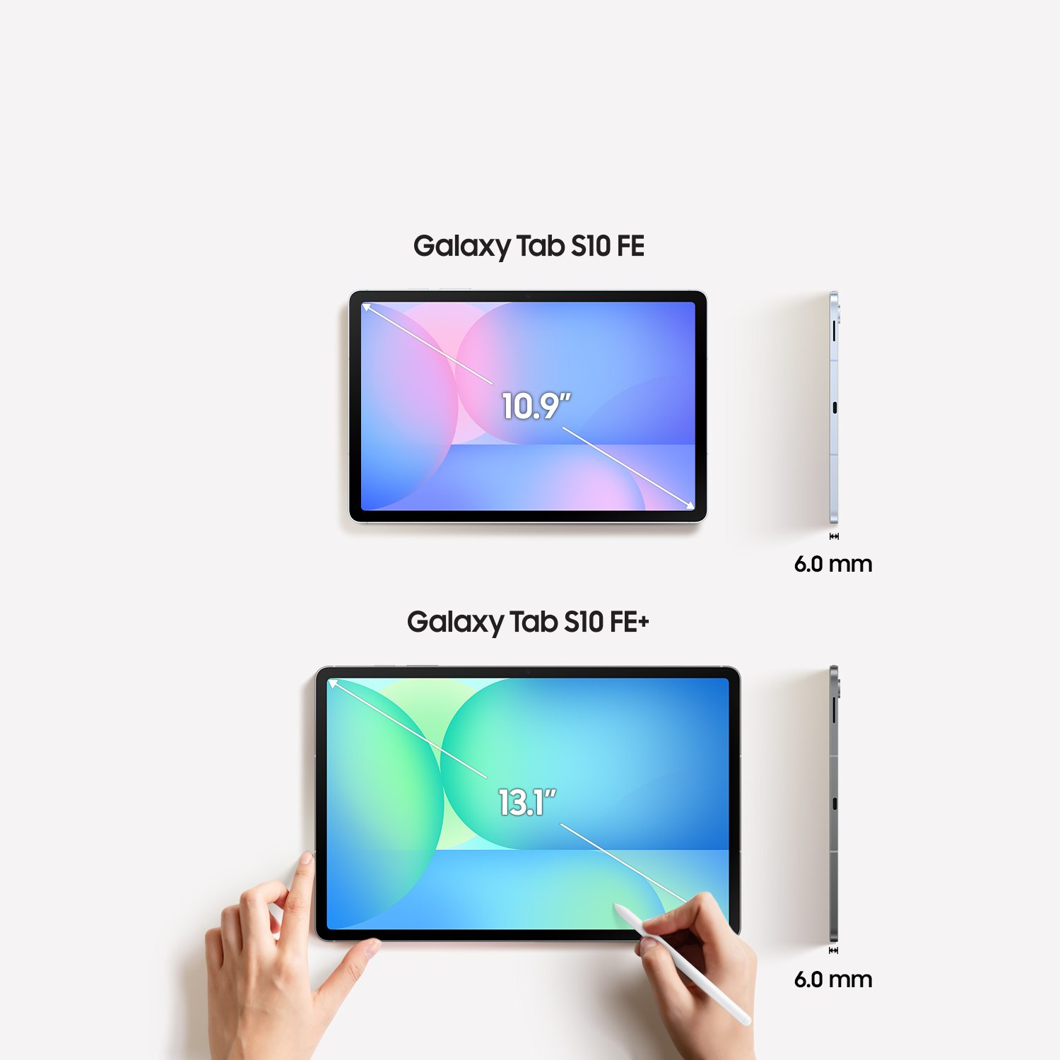 Two tablets side-by-side, one with a stylus. Light background.