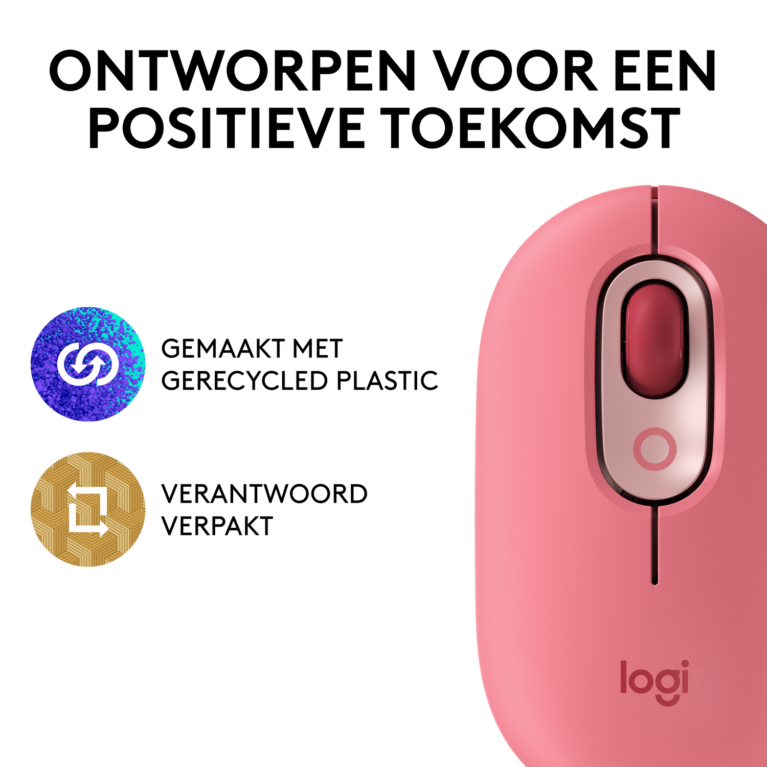 Pink Logitech mouse with two icons and text: 'Made with recycled plastic' and 'Responsibly packed'.