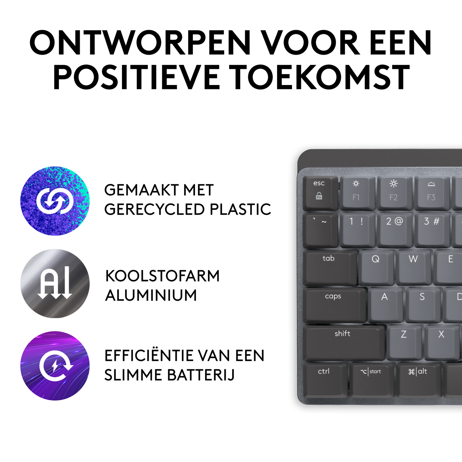 Keyboard with recycled plastic, aluminum, and smart battery symbols.